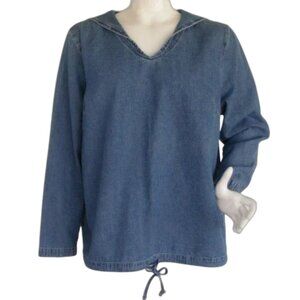Denim Sailor Top/Shirt, X, Embroidered Flap, Long sleeves, Drawstring waist Blue